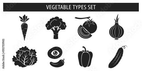 Vegetable icons set in black and white illustrations