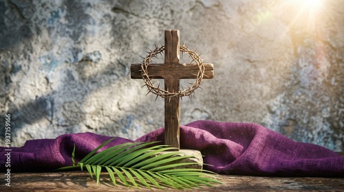 Wooden cross with thorns on purple cloth during Semana Santa in soft sunlight religious ceremony