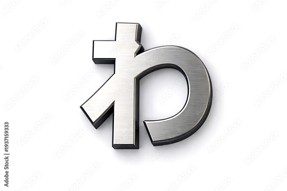 Obraz premium A metallic symbol or currency sign is prominently displayed against a plain white background from a straight-on viewpoint as seen in hrgn (4).png