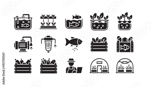 Aquaculture and sustainable farming icons for business and environmental projects