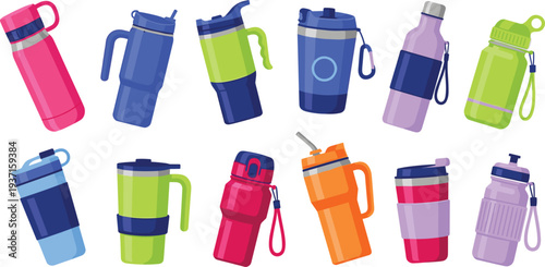 Collection of Reusable Water Bottles and Travel Drink Containers with Modern Sports Flasks, Eco Friendly Hydration Accessories Vector Illustration Set