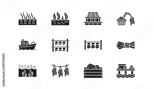 Smoking food icons for barbecue and seafood preparation