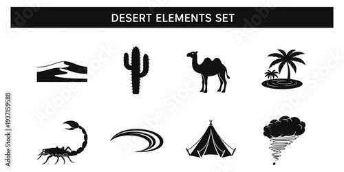 Desert elements set illustration featuring cactus, camel, palm tree, and scorpion