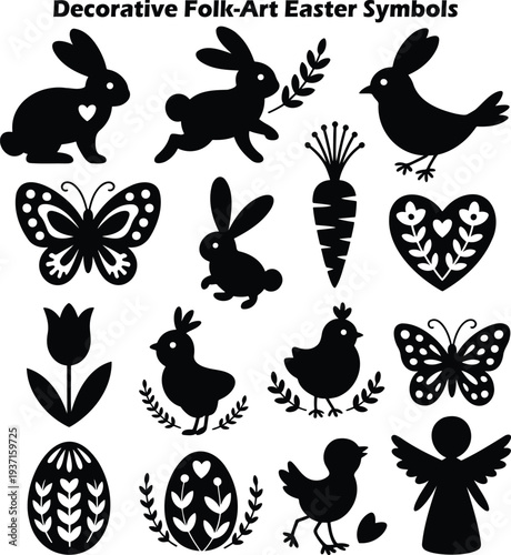 Decorative folk art black silhouettes representing various charming Easter and springtime symbols on a plain background