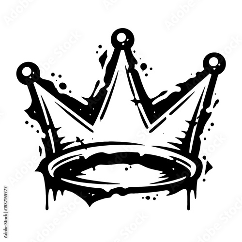 A black crown with three points and a circular base, surrounded by splatters and drips, on a white background.