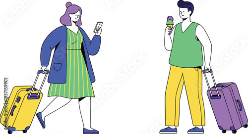 Travelers with luggage illustration, young tourists walking with suitcases, vacation travel concept, modern flat vector characters isolated background design