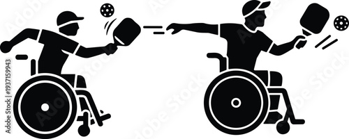 Wheelchair pickleball player silhouettes, adaptive sports vector illustration, disabled athlete playing paddle sport, inclusive sports activity icons, paralympic recreation concept