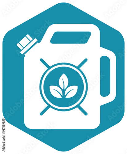 Eco fuel container icon with leaf symbol inside hexagon geometric badge modern bio energy canister vector illustration for green technology design