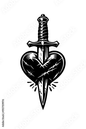 A dagger pierces a heart with thorns, symbolizing love and pain intertwined in a striking black and white design.