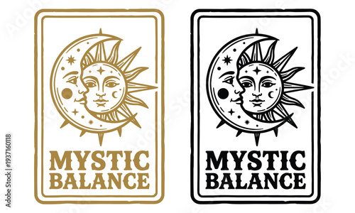 Mystic balance tarot card with sun and moon faces