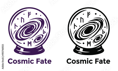 Crystal ball with runes on mystical cosmic background for fortune telling