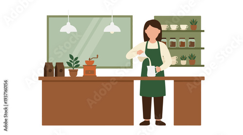Female barista preparing coffee with milk at a cafe counter, flat vector illustration