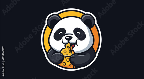 Cartoon panda eating cheese on black background