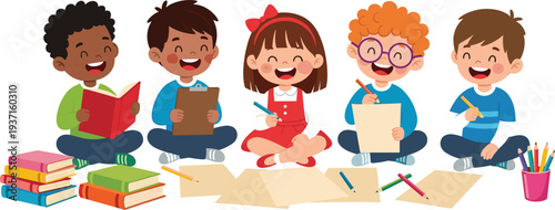 Happy Kids Studying and Drawing Together Vector Illustration Showing Children Reading Books, Writing and Creative Learning Activity in Classroom or School