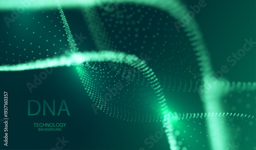 Medicine DNA banner vector. Deoxyribonucleic acid genome green waves in futuristic connect innovation design. Science biology chromosome molecule background. Technology ai genetic code.