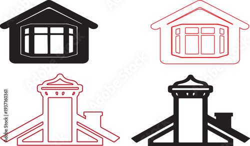 Architectural designs of house and chimney structures in various line styles