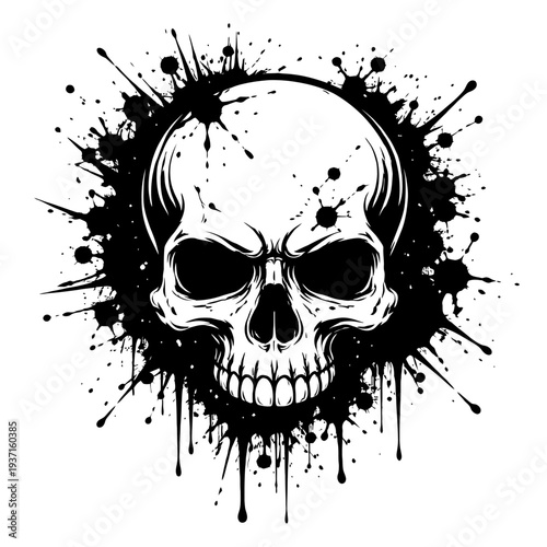 Skull with paint splatters on white background, a symbol of death and danger, often used in art and design to convey a sense of edginess or rebellion, with bold black lines and vibrant colors.