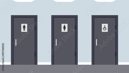 Public toilet doors for men, women and disabled in flat style. Vector stock