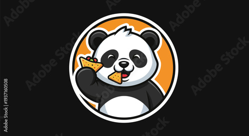 Cartoon panda eating chips on dark background