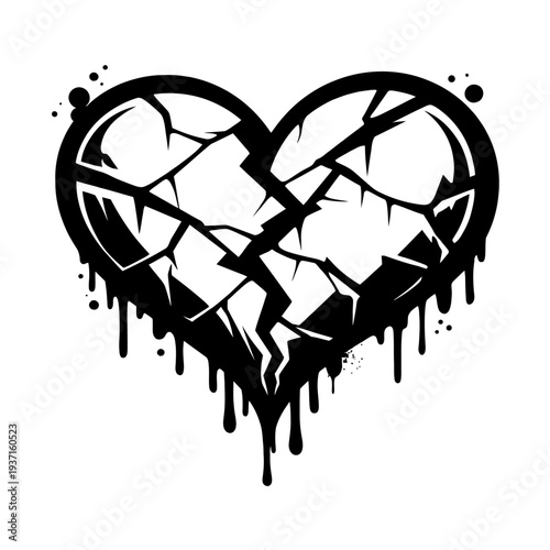 Broken heart illustration with cracked and shattered design, black and white, dripping effect, grunge style, heartbreak symbol, emotional distress, pain, sorrow, damaged love