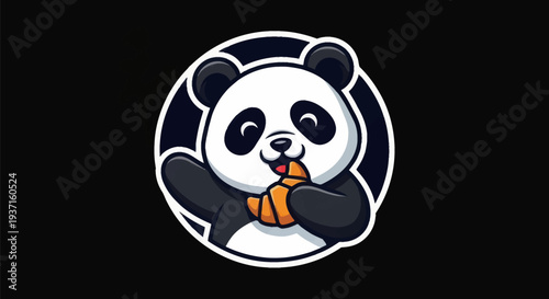 Cartoon panda eating croissant