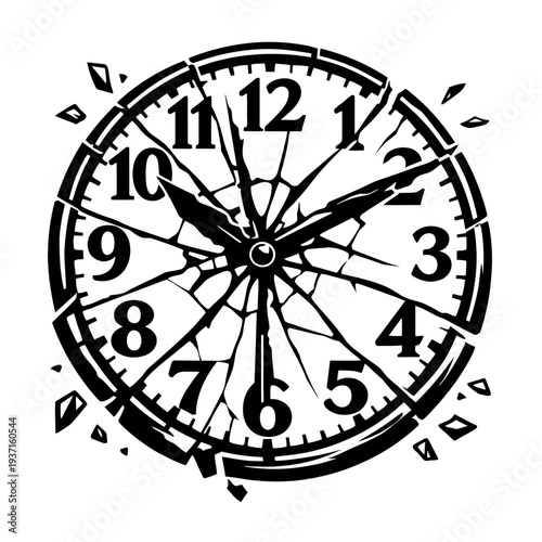 A broken clock face shattered into fragments with numbers and hands still visible on a white background