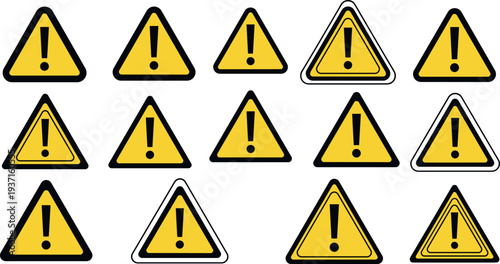 Warning Triangle Icon Set with Exclamation Mark Hazard Symbols for Safety Alerts, Caution Signs, Risk Notification, Construction Warnings, and Industrial Security Design