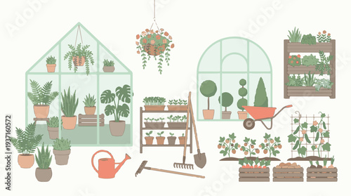 Indoor and outdoor gardening collection with plants, tools, and vegetable crops