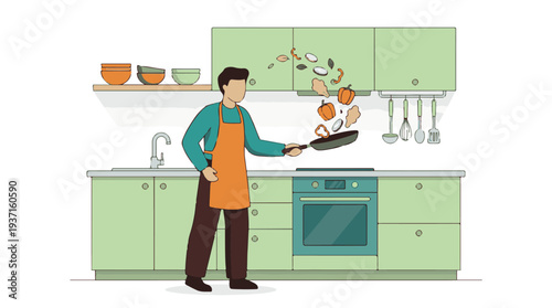 Illustration of a person cooking fresh vegetables in a modern kitchen