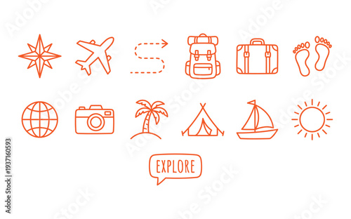 A collection of travel icons on a white background for adventure seekers