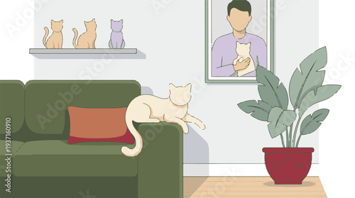 Illustration of a cozy living room with cats, figurines, and a houseplant