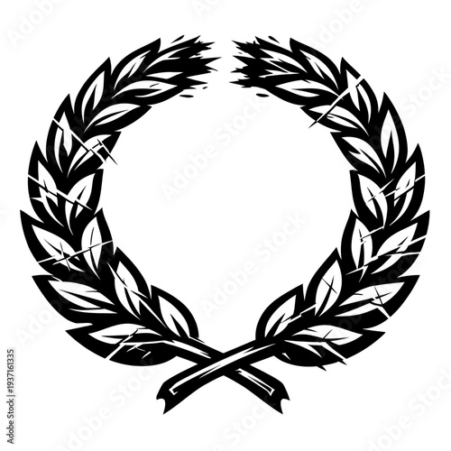 black and white laurel wreath illustration with leaves and ribbon tied at the bottom in a circular shape