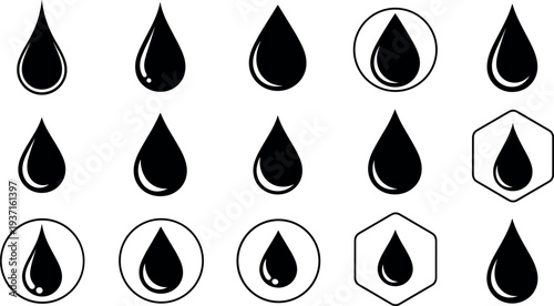 Water Drop Icon Set with Liquid Droplet Symbols for Hydration, Rain, Clean Water Supply, Oil Fluid Concepts, and Environmental or Medical Design