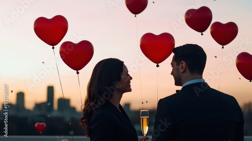Wallpaper Mural A romantic couple shares a moment at sunset, surrounded by heart-shaped balloons and holding a glass of champagne. Torontodigital.ca