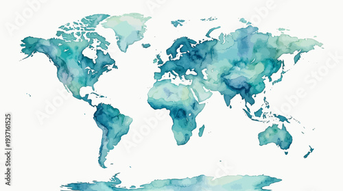 Watercolor world map illustration on white background.