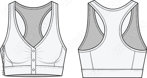 Front and Back Technical Fashion Sketch of Women’s Sports Bra with Button Closure, Seam Details and Athletic Fit Activewear Design Template for Apparel Production