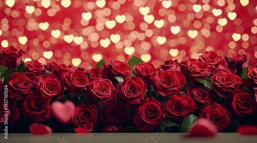 Wallpaper Mural A vibrant row of red roses with heart-shaped bokeh lights in the background, creating a romantic and festive atmosphere. Torontodigital.ca