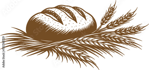 Fresh Bakery Bread Loaf with Wheat Ears Vintage Food Illustration.
