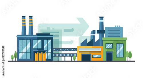 Industrial Factory Production Line & Supply Chain Process. Modern Manufacturing Buildings with Conveyor Belt System. Flat Vector Illustration.