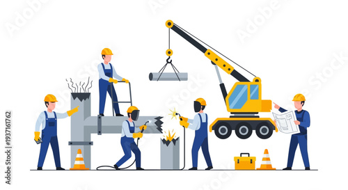 Construction Crew Building & Repairing Infrastructure with Crane and Welders | Industrial Teamwork & Engineering Project Vector Illustration