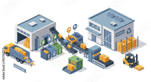 Sustainable Recycling & Waste Management Facility Process Isometric Illustration