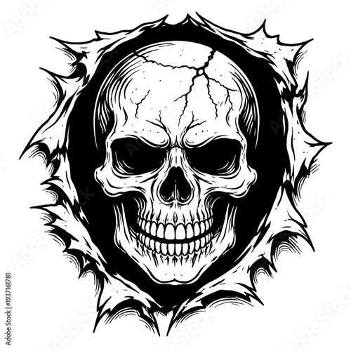black and white illustration of a skull with a cracked forehead and menacing grin, surrounded by jagged edges and sharp points