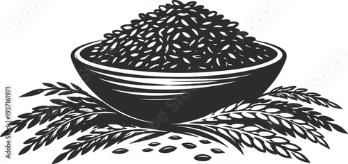 Rice Bowl with Paddy Grain Vintage Agriculture Illustration.