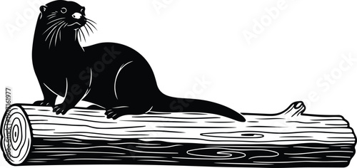 Otter sitting on a log in black and white illustration