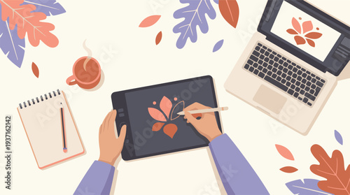 Creative professional designing a floral logo on a digital tablet and laptop