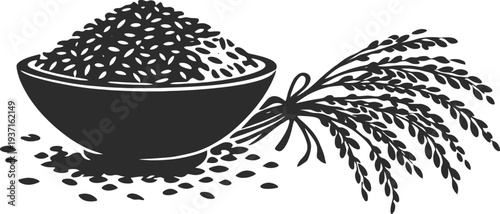 Rice Bowl with Paddy Grain Vintage Agriculture Illustration.