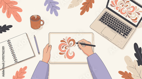 Overhead view of person drawing abstract art on digital tablet