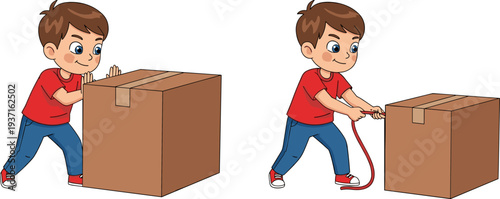 Little Boy Pushing and Pulling Heavy Box Vector Illustration Showing Child Moving Package with Rope, Effort, Strength and Physical Activity Concept