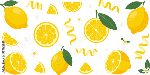 Lemon Fruit Pattern with Whole Lemons, Lemon Slices, Leaves and Zest for Fresh Citrus Background, Summer Food Design and Organic Juice Packaging