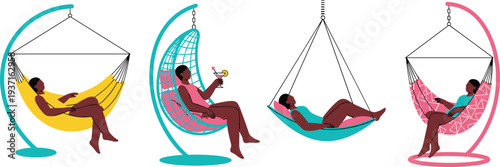 Woman relaxing in hammock chair illustration set, leisure lifestyle scenes, hanging swing seats, relaxation concept vector collection